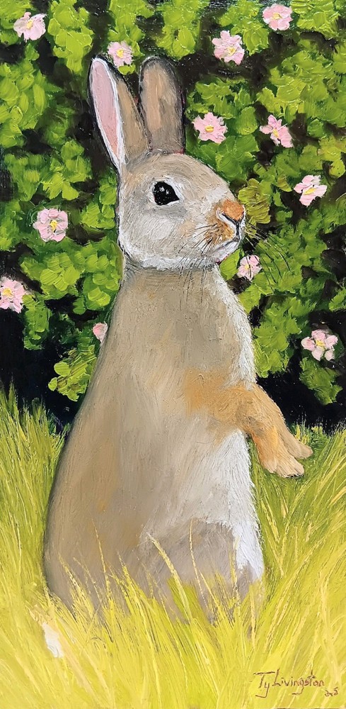 WILD ROSE is a 6x12x3/4 Original Oil Painting of A Rabbit by Ty Livingston.