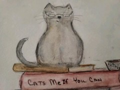 Outsider Folk Art original Watercolor Cat On Books Humorous Phat Tom Opera