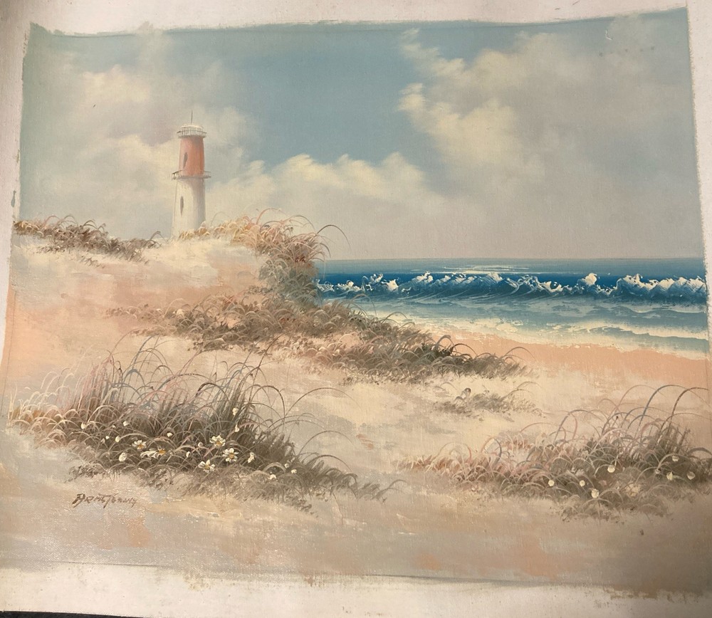 22.75” X 19” Canvas Unframed Lighthouse Beach Scene Painting