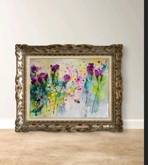 Original Signed Watercolor. Wall art. 12 x 9″ . Floral. Abstract. tulips. Bee.
