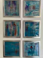 Abstract Contemporary Set of 6 Framed Turquoise Original Painting