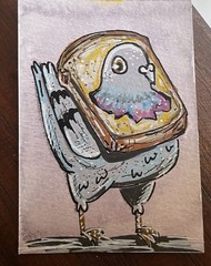 ACEO Original Pigeon In Bread Painting Funny OOAK Acrylic Pop Art Cachetmaison