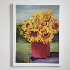 K Gaourer Signed Still Life Sunflowers Red Pale Oil Painting Folk Art 18×24