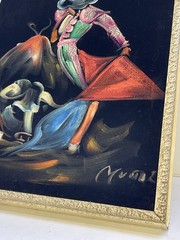 VTG Black Velvet Painting Matador and Bull Wood Framed – Signed “Muñoz” 15×18
