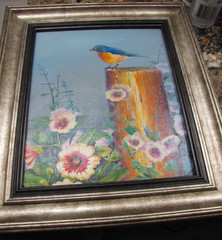 ORIGINAL ART ACRYLIC PAINTING BLUE BIRD AND BLOSSOMS 8″ by 10″ + frame