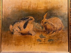 1880’s-90’s Antique Oil Painting Rabbits with Gold Gilt Frame – Rabbit, Bunny