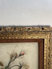 Antique Victorian Rose Oil Painting On Glass. Rare. Pink & yellow & White