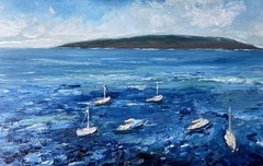 Sailboats Painting Hawaii Original Art Oil Painting Lanai Island 7.5×20″ signed