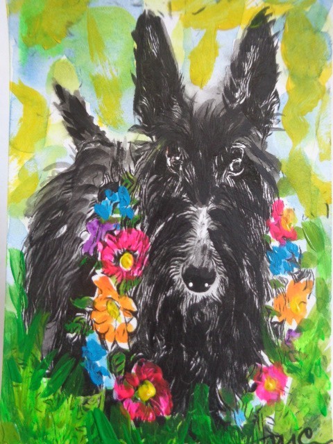 ATC ACEO Cute BLACK SCOTTIE SCOTTISH TERRIER DOG Painting PET ART