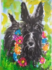 ATC ACEO Cute BLACK SCOTTIE SCOTTISH TERRIER DOG Painting PET ART