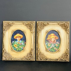 Pair Of Small Ornate Framed Paintings of Girl And Boy Yellow Hat Holding Flowers