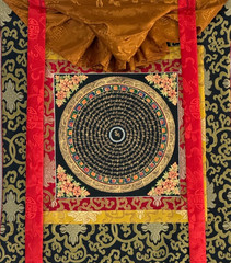 OM MANI PADME MANTRA MANDALA ORIGINAL TIBETAN THANGKA PAINTING WITH SILK BROCADE