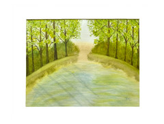 PAINTING WATERCOLOR FOREST TREES POND LANDSCAPE GREEN BLUE 11X14 AND MAT 16X20