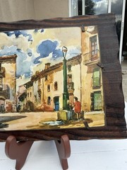 Vintage Handcrafted Wooden Well Art Watercolor Village Made In Spain