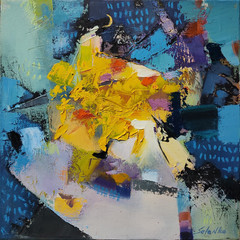 Original oil painting 12″x12″ Contemporary art, Abstrction, Blue, Yellow, Night