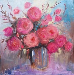 Oil original painting on canvas size 12×12 inches Peonies