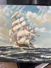 Large Vintage Oil Painting Sailing Ship in Rough Seas Signed Nautical