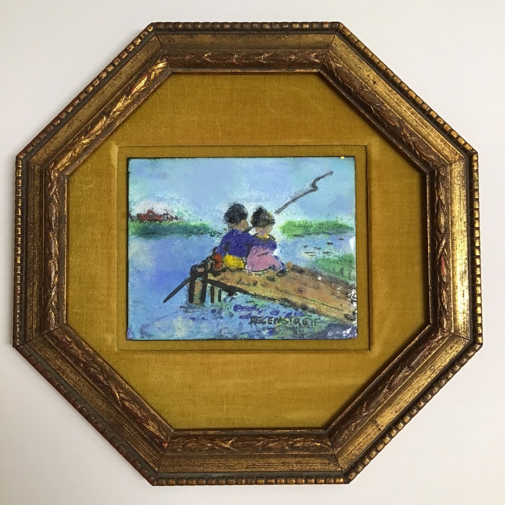 Enamel on Copper Painting SIGNED Helen Regenstreif Children Fishing 10” Vintage