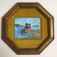 Enamel on Copper Painting SIGNED Helen Regenstreif Children Fishing 10” Vintage
