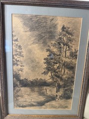 Varnedoe 1987 „Pastoral Landscape“ Charcoal Drawing – Signed And Framed