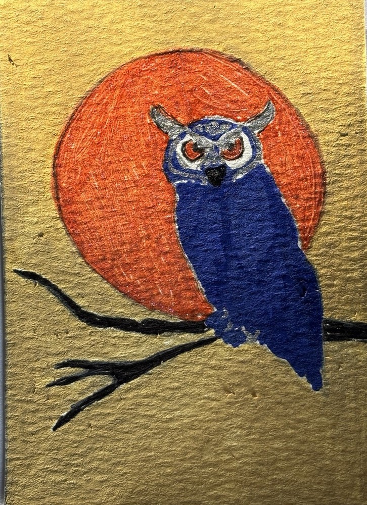 Twilight Owl Moon Original ACEO OOAK Acrylic Painting Mini Bird Wildlife Art