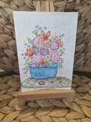 ACEO Original Whimsical Floral Painting Watercolor Blue Victorian Mini Art OOAK