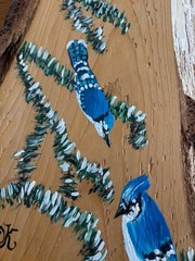 Hand Painted Nature Picture w/ Blue Jays, Raw Edge Wood, Vermont Artist