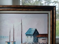 Original KESWICK Oil Painting Fishing Boats in Harbor PINK SKY Calm Nautical MCM