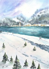 Winter Lake Landscape Watercolor, Snowy Mountain Village, Serene Alpine Scene