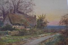 English Farmstead at Sunset Antique Watercolour British Victorian School c1890