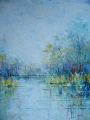 YUNI CHO, CONTEMPORARY ART, MODERN IMPRESSIONIST MARSH LANDSCAPE OIL CANVAS