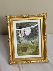 Original ACEO Watercolor Farmhouse Clothesline Chickens OOAK Mini Painting
