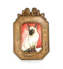 Painting Kitty Siamese Cat Watercolor in Vintage Frame Cute Art Decor Gift