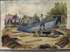 Original Byron Ward Watercolor Painting Fishing Community & Working on Boat