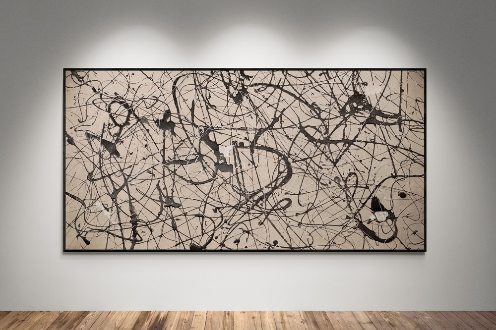 XXL Pollock Style Beige Black – Abstract Painting – Drip Canvas – 78×39 in