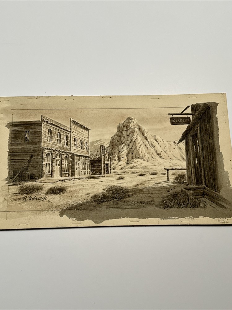 ANTIQUE ART DECO PAINTING ILLUSTRATION Ghost Town Western Landscape Desert