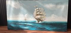Hewitt Jackson Oil Painting Ship Nautical Art Framed 44×32 W/ ARTIST’S HANDPRINT
