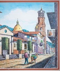 Lovely Vintage Painting of Puerto Vallarta Cityscape Illegibly Signed 16.5×20.5″
