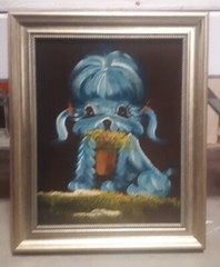 Blue Dog On Black Velvet Painting With Metallic Color Frame, No Signature