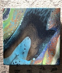 acrylic paint pour painting, Original on Canvas 10 x 10 Inches with Varnish
