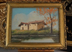 VINTAGE 1940-50’S FRAMED ORIGINAL OIL RUSTIC HOUSE AND RIVER SCENE ARTIST: FARID