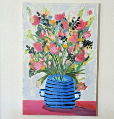 Original Art Floral Bouquet Flowers in Blue Pot Canvas Acrylic Signed 24″ x 36″
