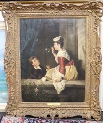 French (?) artist P. Brenner “Blowing bubbles”, oil painting on canvas