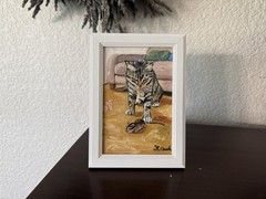 ORIGINAL OIL PAINTING TABBY CAT & MOUSE INDOOR SCENE SIGNED FRAMED 4×6