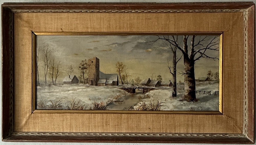 ANTIQUE 19TH CENTURY SNOW LANDSCAPE OIL PAINTING OLD HUDSON RIVER SCHOOL 1893