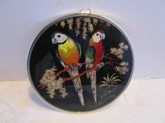Vintage REVERSE PAINTED round GLASS PARROTS WALL Hanging BRAZIL 6.50” W 1970’s