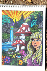 Trippy Psychedelic Girl Mushrooms Original Art Signed 8.5 x 11 Mixed media