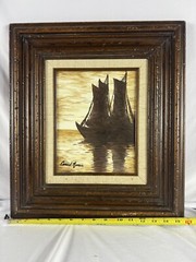 Signed Realist Impressionist Painting of Ships at Sea 15×17 Inches Framed Art