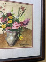 R Habermann 1966 „Still Life With Flowers Scene“ Gouache Painting -Signed/Framed