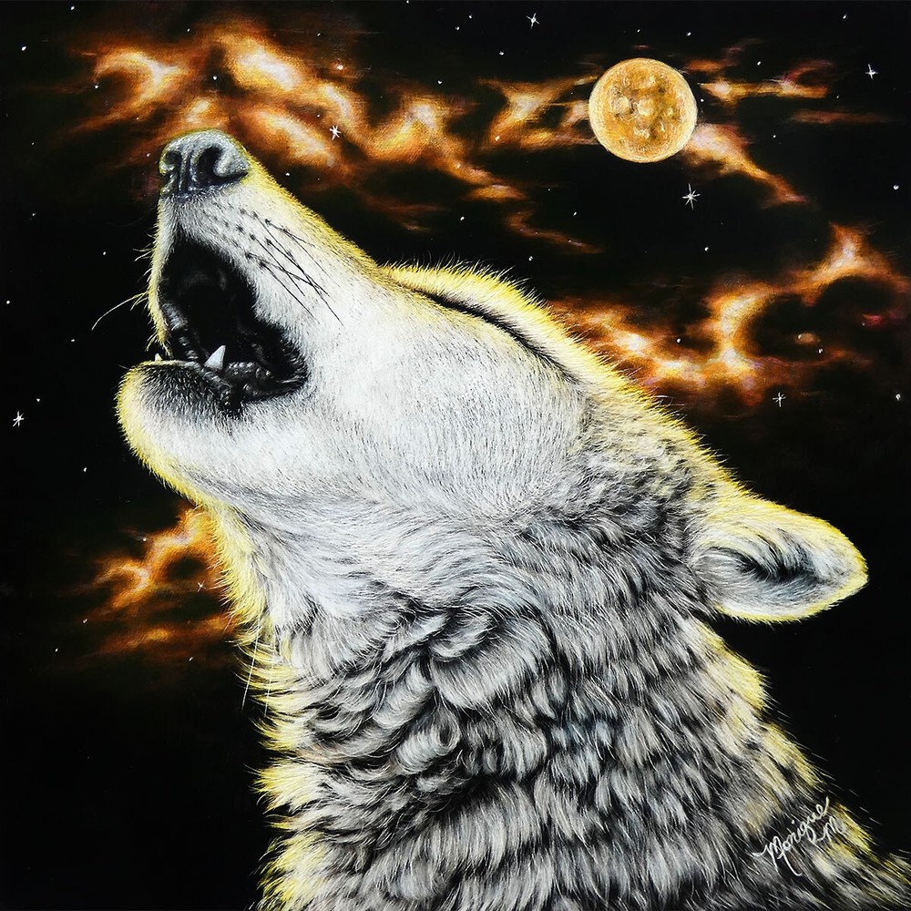 Original Scratchboard Art Wildlife WOLF Painting Howl Moon Dog Animal
